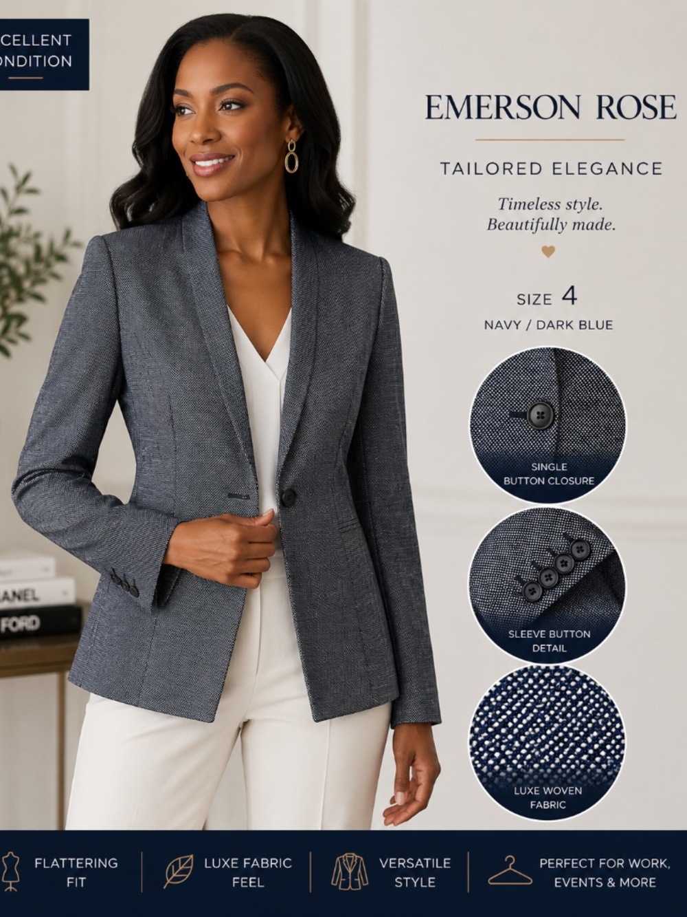 Emerson Rose Navy Blue & White Woven Blazer Size 4 Luxe Tailored Jacket